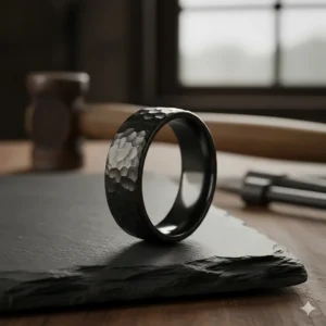 Unique hammered matte black wedding band for a rugged, textured look.