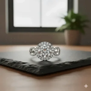 A top-down view of an infinity engagement ring with a sparkling diamond halo surrounding the round center stone.