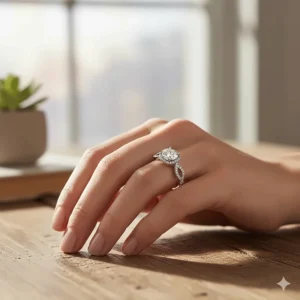 A woman wearing an infinity engagement ring on her finger to show the scale and elegance of the twisted band design.
