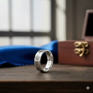 A wide wedding band engraved with multiple universal religious symbols.