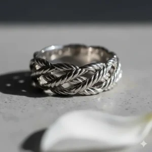 Macro shot showing the intricate texture of a triple-strand woven wedding ring design.