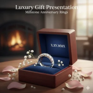An open jewelry box displaying a diamond-set engraved anniversary ring for a milestone celebration.