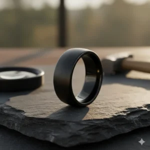 Durable matte black wedding band made of scratch-resistant tungsten carbide.
