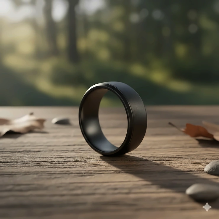 A brushed matte black wedding band for men displayed on a rustic wooden surface.