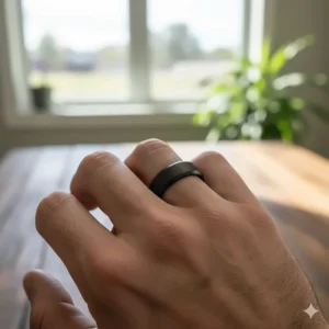 Close-up of a groom wearing a 6mm matte black wedding band with a beveled edge.