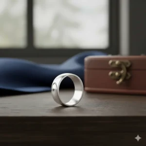 A heavy titanium men's signet ring with an engraved religious symbol.