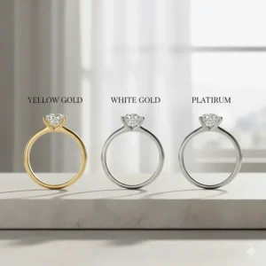 Comparison chart of minimalist engagement ring metal options including yellow gold, white gold, and platinum.