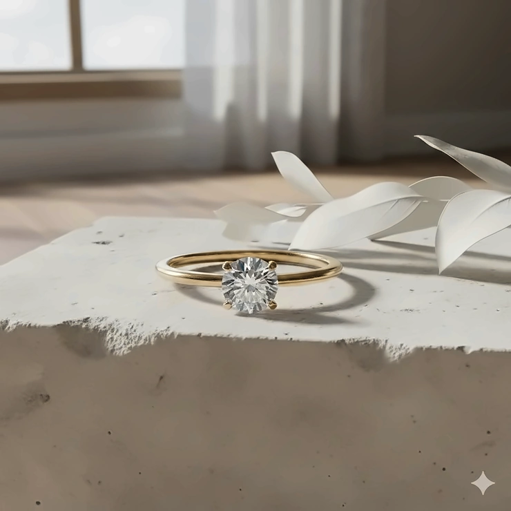 A luxury minimalist engagement ring with a round-cut diamond solitaire on a thin 14k yellow gold band.