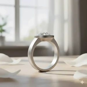 A minimalist matte finish bezel set engagement ring for a contemporary bridal look.