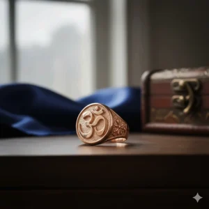 An intricate rose gold ring embossed with the sacred Hindu Om symbol.