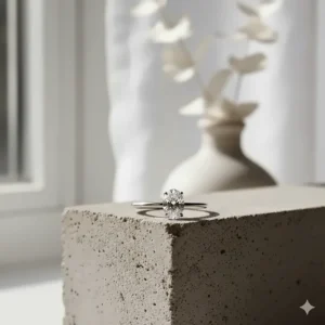 An elegant oval-cut diamond solitaire on a minimalist white gold band for a modern aesthetic.