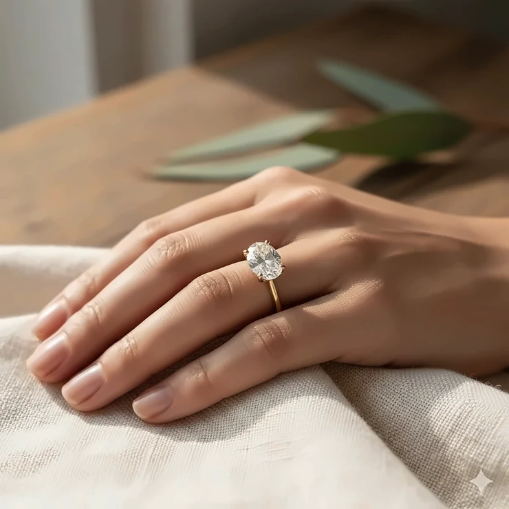 A classic oval cut diamond engagement ring in a horizontal east-west orientation on a yellow gold band. east west engagement ring