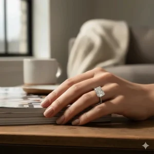 Radiant cut diamond east-west engagement ring featuring a hidden halo and pavé band.