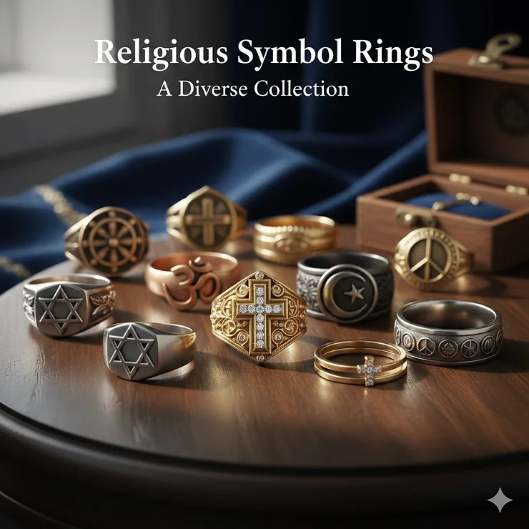 A diverse collection of gold and silver religious symbol rings featuring the Cross, Star of David, and Om symbols.