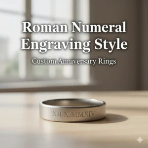 Minimalist silver anniversary ring featuring a custom Roman numeral date engraving on the outer band.