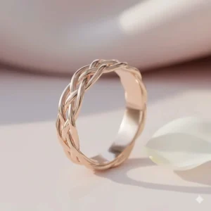 Close-up of a delicate rose gold braided wedding band for women featuring a polished finish.