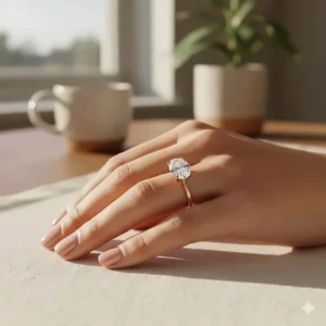 Delicate rose gold engagement ring featuring an east-west oval solitaire diamond.