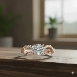 Close-up view of a rose gold infinity engagement ring featuring a delicate twisted pave diamond band on a wood surface.