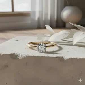 Close-up of an ultra-thin rose gold band minimalist engagement ring with a brilliant round diamond.