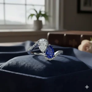 A vibrant blue sapphire and round brilliant diamond toi et moi ring representing two souls joining.