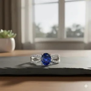 A unique infinity engagement ring featuring an oval blue sapphire center stone and diamond-accented infinity bands.