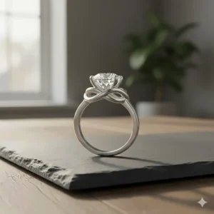 A classic solitaire diamond set on a polished white gold infinity knot band, displayed on a slate base.