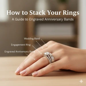 Illustration showing how to stack an engraved anniversary ring with a traditional wedding band and engagement ring.