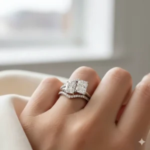 A guide on how to stack a toi et moi ring with a curved pavé wedding band.