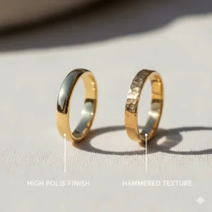 A comparison of a hammered texture versus a high-polish finish on delicate thin wedding bands.