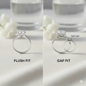 Illustration showing how a delicate thin wedding band fits flush against a straight engagement ring setting.