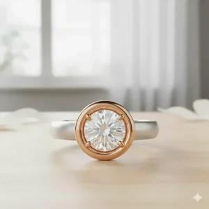 A mixed metal two-tone bezel set engagement ring featuring a rose gold bezel on a white gold band.