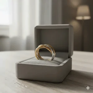 Intertwined white and yellow gold braided wedding ring symbolizing the union of two lives.