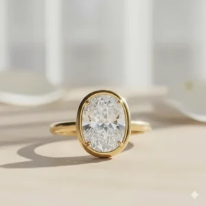 An oval cut moissanite or diamond bezel set engagement ring in 14k yellow gold.