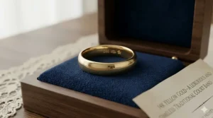 A polished 14k yellow gold traditional court band featuring a clear hallmark stamp, presented as a luxurious, timeless wedding band.