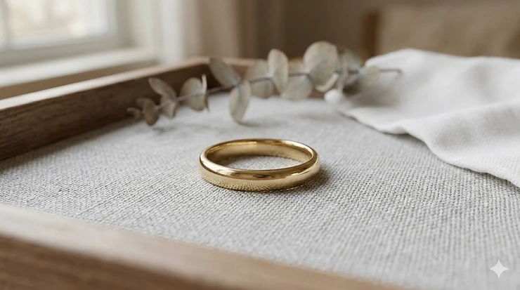 A polished 14k yellow gold 3mm classic wedding band resting on a light grey velvet jewelry box.
