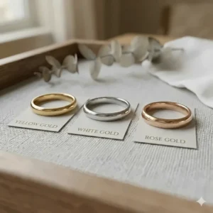 A trio of 3mm classic wedding bands displayed in yellow gold, white gold, and rose gold finishes.