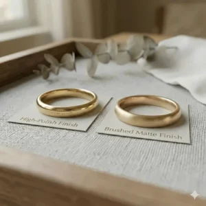 Side-by-side comparison of a high-polish finish and a brushed matte finish on a 3mm classic wedding band.