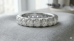 Close-up detail of a 6mm wide diamond band showing the precision-cut round diamonds and prong setting.