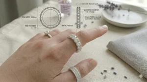 A technical diagram and photorealistic view showing the 6mm width and 2.1mm thickness of a diamond band.