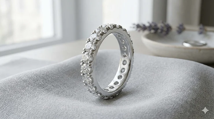 A luxurious 6mm wide diamond band in 14k white gold featuring a full eternity pavé setting.