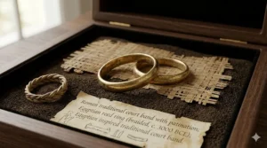 An archaeological display of ancient-style wedding rings, including a braided reed ring and a patinated gold traditional court band.
