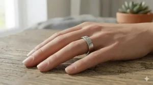 Close-up of a brushed yellow gold modern flat profile ring worn on a finger for scale.