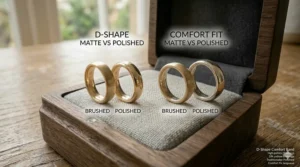 Side-by-side illustration of a matte brushed finish and a high-polish D-shape comfort band.