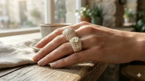 Digital rendering of a bold chunky diamond ring on a hand to show scale and finger coverage.