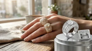 Illustration comparing thick chunky diamond rings in white gold, rose gold, and platinum finishes.