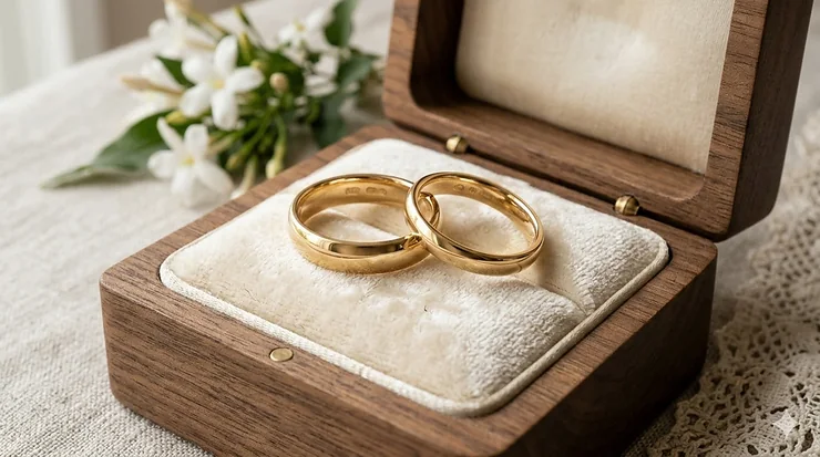 A pair of classic 14k gold comfort fit wedding bands resting on a velvet ring cushion, highlighting the polished finish and ergonomic design.