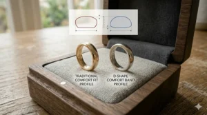 Technical drawing comparing a traditional comfort fit ring to a classic D-shape wedding band.