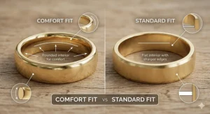 A side-by-side cross-section diagram comparing a comfort fit wedding band with a domed interior to a flat-interior standard fit ring.