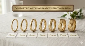 A collection of comfort fit wedding bands in various widths ranging from 2mm to 8mm to demonstrate finger coverage.