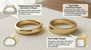 A side-by-side comparison of a traditional court profile ring versus a flat profile ring with descriptive labels on their ergonomic differences.